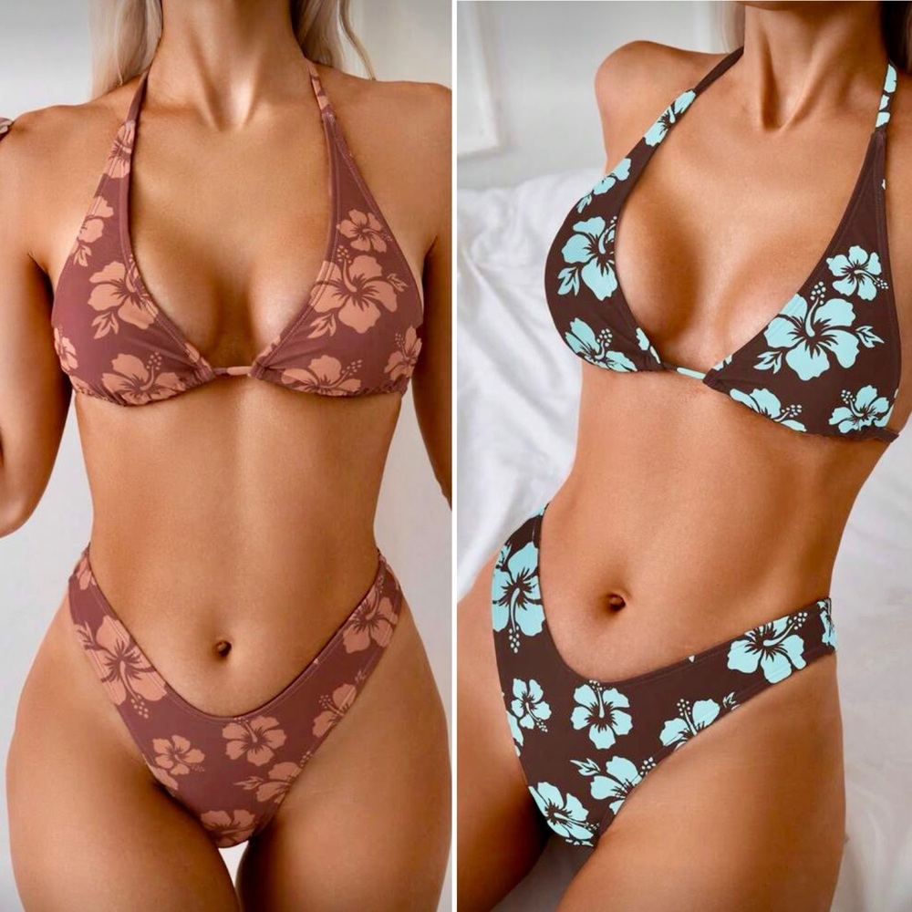 Women’s Floral Triangle Bikini Set with Hibiscus Print M in Blue or Mauve NWOT